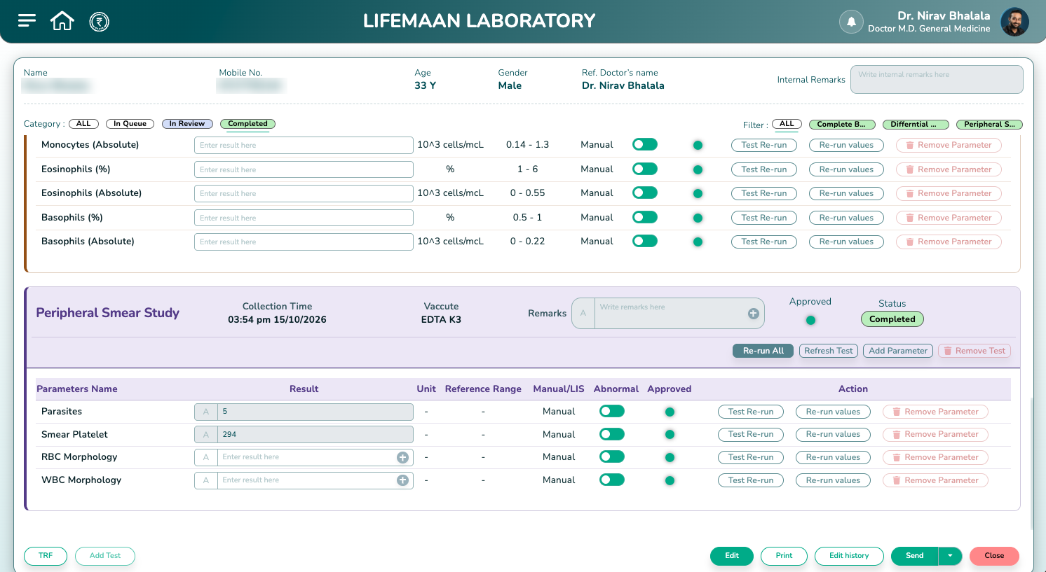 Lifemaan lab software result entry screen with reference ranges, abnormal flags and approval status